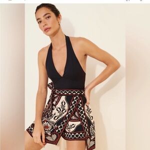 FARM Rio Black Halter Top with Cream & Red Printed Wrap Skort